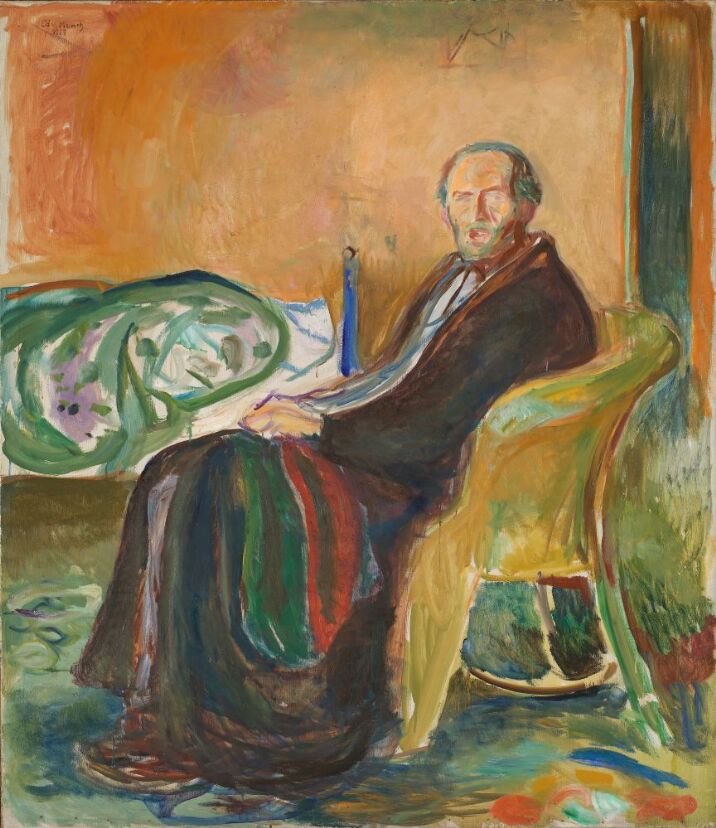 Oil painting on canvas of a man in a dark robe sitting in a chair with a quilt on his lap. His body faces our left, but he turns his head to look at the viewer.