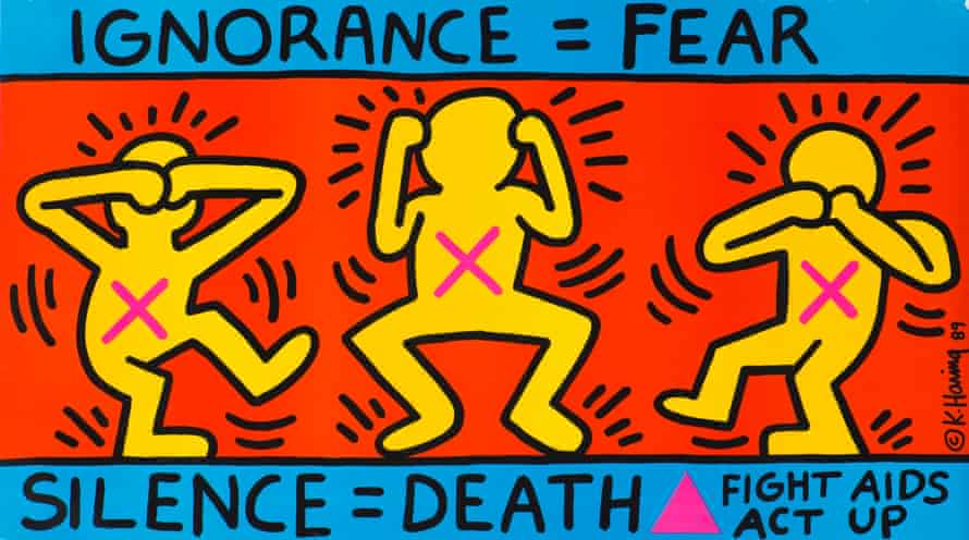 Poster depicting three yellow stylised figures, each with a pink x on the chest, against a red background. The figure on the far left covers its eyes, the figure in the middle covers its ears, and the figure on the far right covers its mouth. Across the top of the poster is a blue section with the words “IGNORANCE = FEAR”. Across the bottom is a blue section with the words “SILENCE = DEATH”, a pink triangle, and then “FIGHT AIDS, ACT UP”.