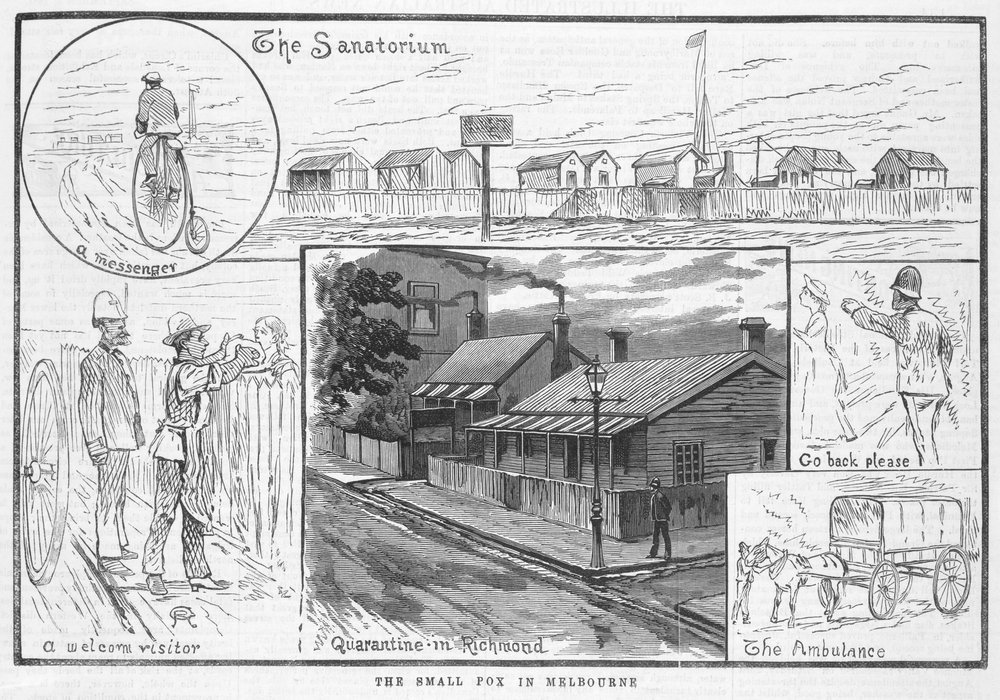 Monochrome illustration consisting of a grid of five different scenes, each one with a small label. A scene of two people handing something to a person over a fence is labelled “a welcome visitor”. A visitor of a person riding a penny-farthing is labelled “a messenger”. A scene of a neighbourhood of houses with a police officer on the corner is labelled “quarantine in Richmond”. A scene of a group of houses surrounded by a wooden fence is labelled “the sanatorium”. A scene of a police officer pointing towards a woman facing the other way is labelled “go back please”. A scene of a horse pulling a wagon is labelled “the ambulance”.