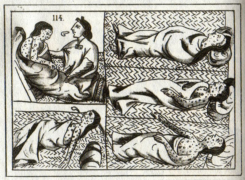 Monochrome illustration consisting of a grid of three separate scenes. The scene taking up the entire right hand side of the illustration depicts three people wrapped in blankets lying on a textured surface with pillows under their heads. Their bodies are covered in pustules and their expressions are painted. The scene in the bottom left shows a person wrapped in a blanket lying on a similar textured surface with their body covered in pustules. A wisp of something escapes from their mouth. The scene on the top left shows a clothed person without pustules caring for a person wrapped in a blanket with their body covered in pustules. A wisp of something escapes the former person’s mouth. The number 114 is printed above them.