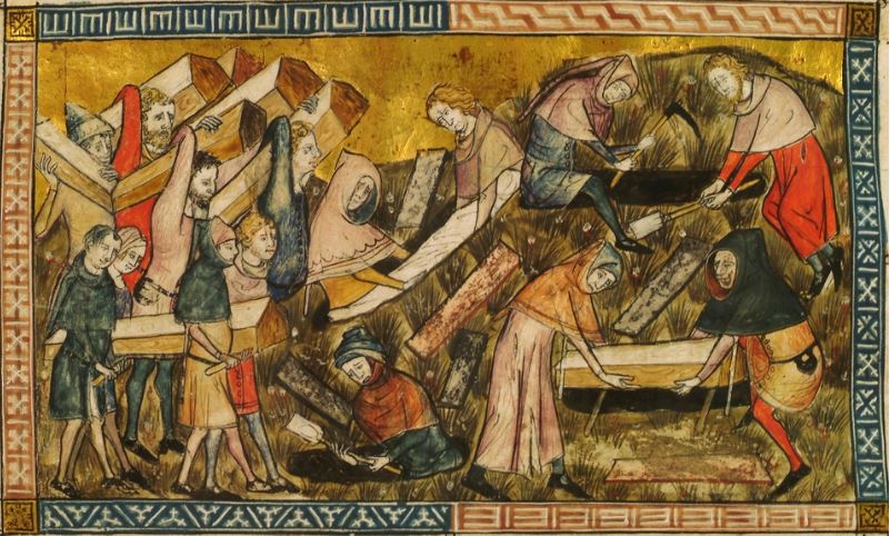 Painting depicting a group of people carrying coffins. They are moving towards the right half of the painting, where people are digging graves and burying the coffins in the ground.