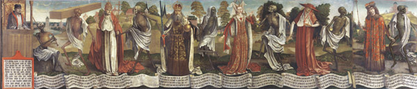 Painting of a scene on a field in which skeletons wearing white pieces of fabric are trying to make the humans in between them dance along with them. A skeleton on the far left plays a wind instrument. To the far left of the painting is a man sitting at a wooden podium and looking at the scene.