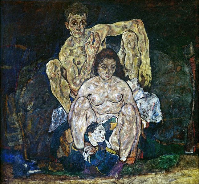 Oil painting on canvas depicting a naked man and woman posing with a baby against a dark background. The woman sits with the baby in between her legs, looking towards her right. The man sits behind her, looking at the viewer and touching his right collarbone.