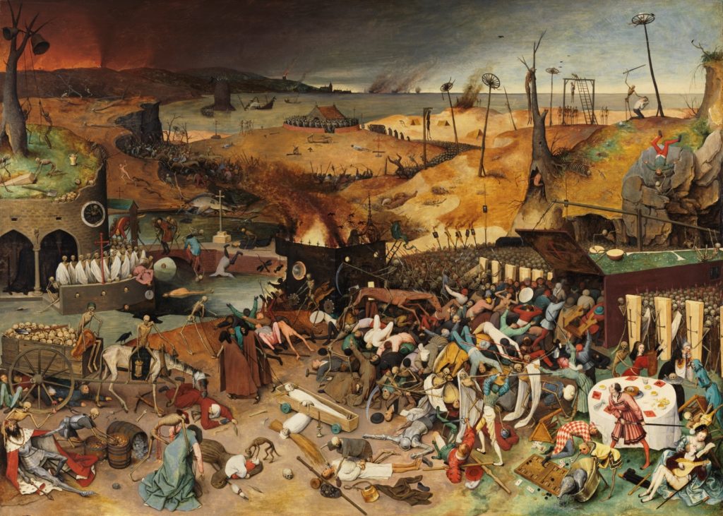 Oil painting on panel depicting a panorama of an army of skeletons wreaking havoc on large groups of humans across a blackened, desolate landscape. Fires burn in the distance, and the sea is littered with shipwrecks. In the foreground, skeletons haul a wagon full of skulls. On the right, masses of people are herded into a coffin-shaped trap decorated with crosses.