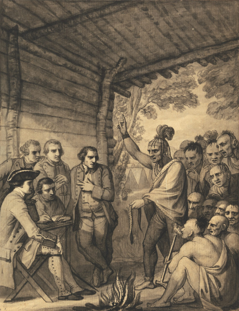 Ink painting on paper of a man with feathers in his hair raising his right hand in the air. Behind him is a group of people with frustrated and angry expressions. They are facing a group of men in European soldier uniforms who look concerned or offended.