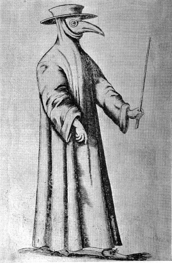 Monochrome illustration of a plague doctor, who wears long sleeved robes, a wide brim hat, and a mask that covers the face and extends like a bird’s beak. In one hand, the figure holds a long wand-like stick.