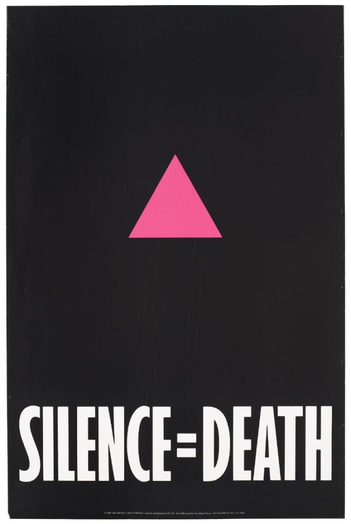 A poster with a single pink triangle against a black backdrop above the words “SILENCE = DEATH” in large white letters.