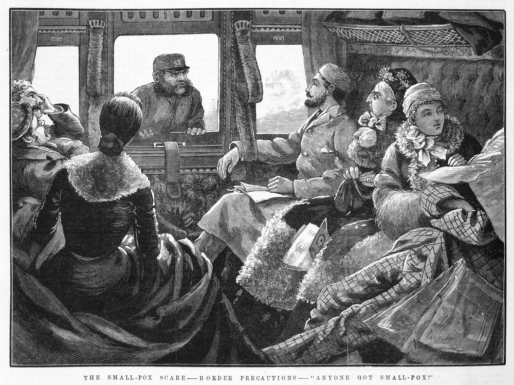 Monochrome illustration of a group of people sitting inside a carriage, all looking towards a uniformed man looking through the window with a stern expression.