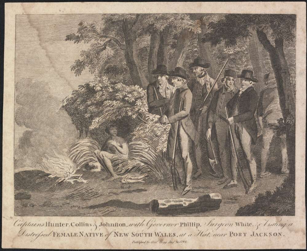 Monochrome print depicting a group of European men holding rifles or axes standing in the Australian bush. They are facing an Aboriginal woman who is sitting on the ground inside the foliage, looking at them with a concerned expression.