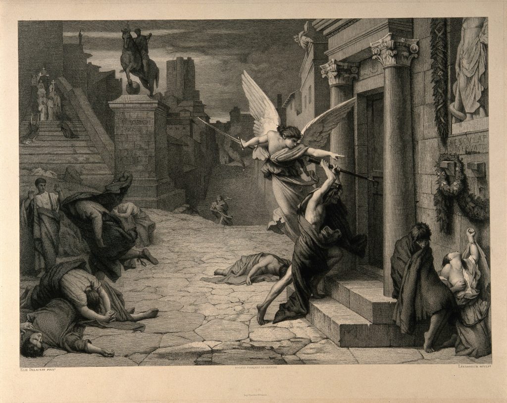 Monochrome engraving of a man wrapped in a drapery with angel wings and holding a sword flying from a cluster of clouds towards the ground. On the ground are people lying down in misery as if dying. A man holds his hands up in prayer. In the background is a town where two men carry someone on a stretcher.