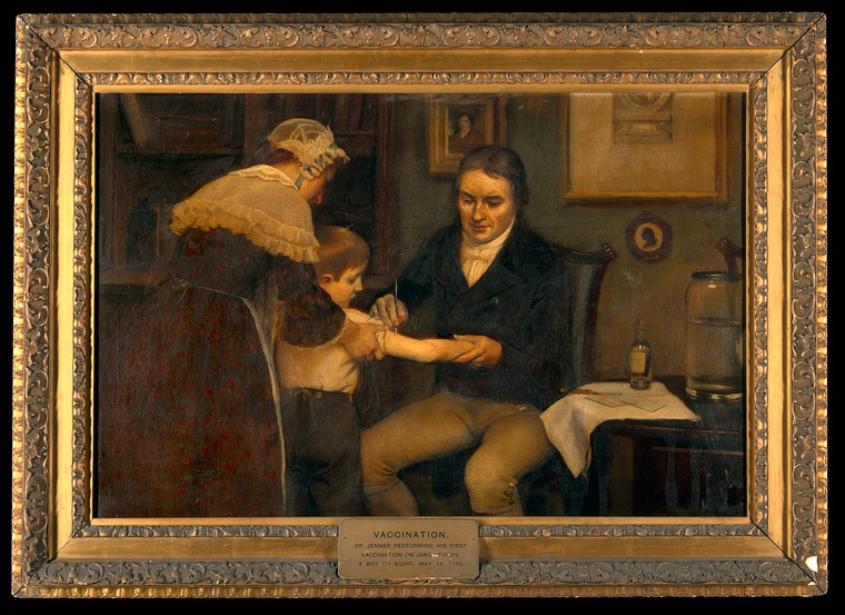 Painting of a man sitting on a chair inside a room. He holds the outstretched arm of a young boy and inserts a needle into it. A woman stands behind the young boy and holds his shoulder.